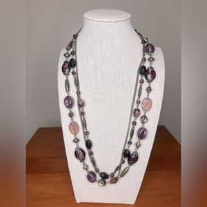Premier Designs 3 stands, purple glass bead and bronze chain necklace